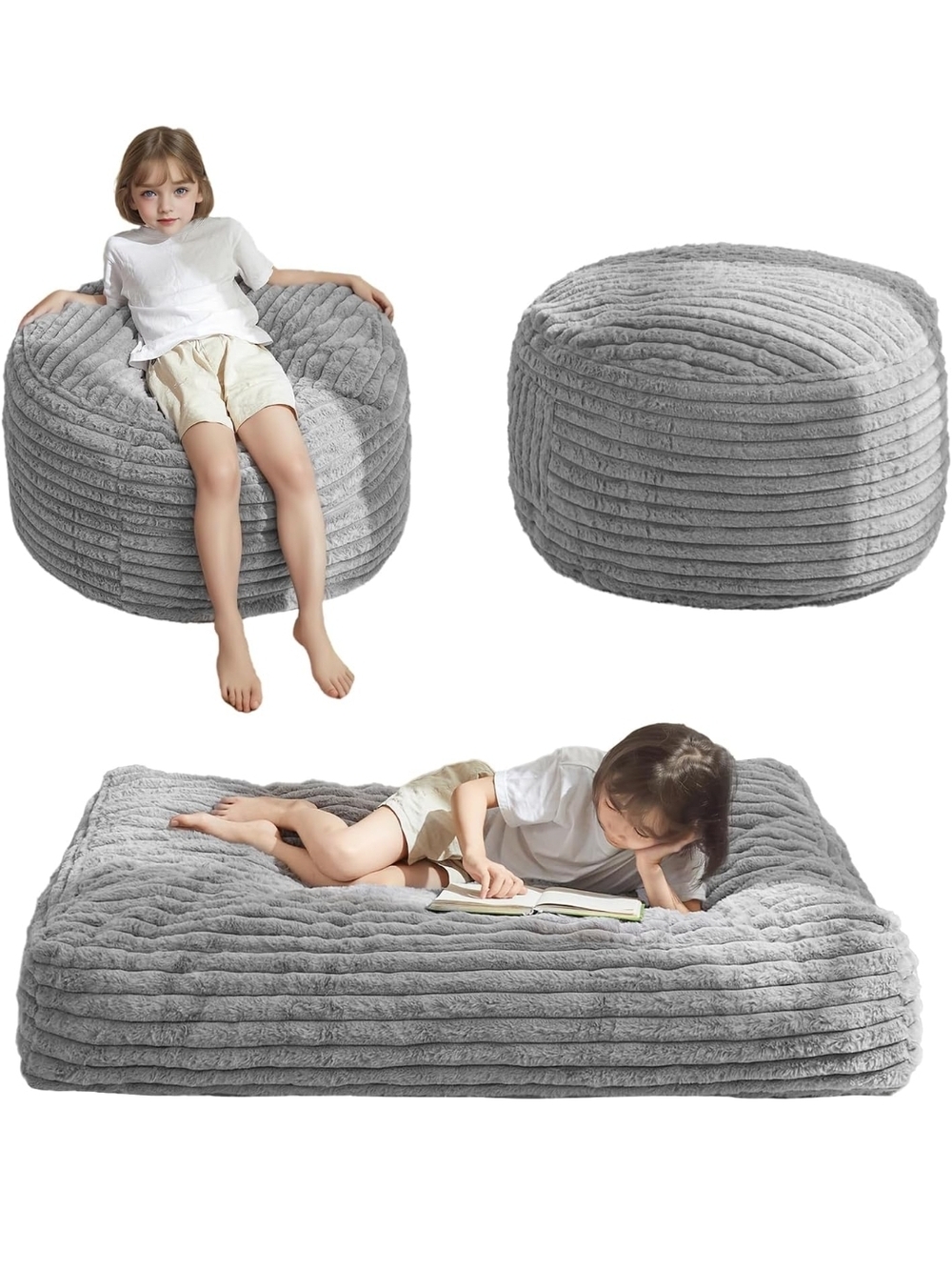 Plush Gray Kids Bean Bag Pouf - Soft Corduroy Lounger